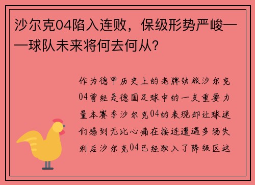 沙尔克04陷入连败，保级形势严峻——球队未来将何去何从？